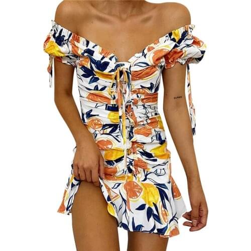 Womens Short Sleeve Sexy Dress Summer Fashion Sexy Print Ruffled Off Shoulder Pleated Dress V-neck Mini Ladies Beach Vestidos