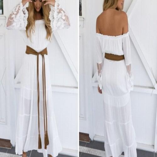 Solid Colour White Black Streetwear Long Dress Patchwork Lace Beach High Waist Strapless Slash Neck Ankle-Length Women Dresses