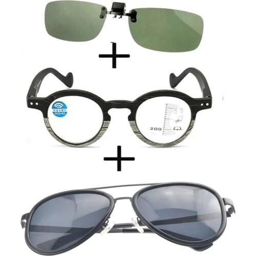 3Pcs!!! Progressive Round Anti Blu Light Reading Glasses Men Women + Polarized Sunglasses Pilot Metal + Sunglasses Clip