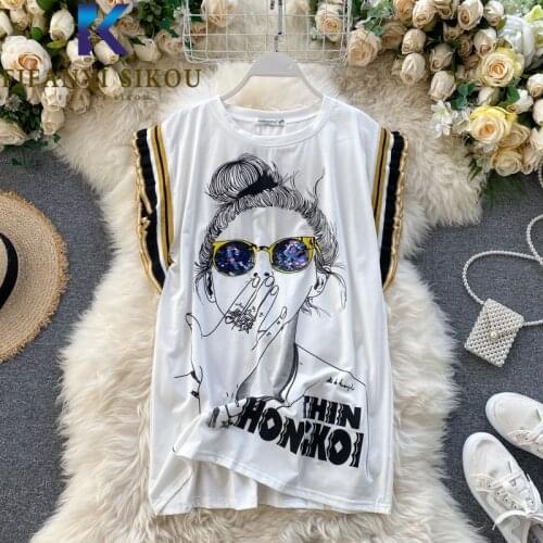 White Print T-shirt Women Sequins Fashion Ruffle O-Neck Sleeveless T shirt Summer Casual Tees Loose Tops Female 2021 New