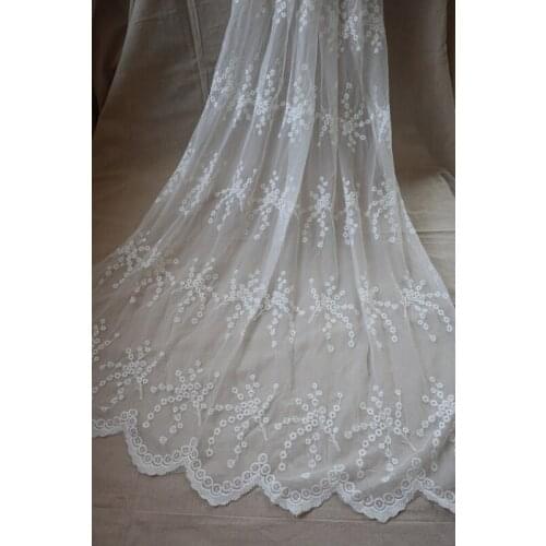 Off white cotton lace fabric by the yard, ivory white cotton embroidered lace fabric, double edge floral lace fabrics