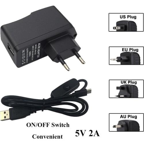 Raspberry Pi Zero Power Supply 5V 2A Adapter EU US UK AU Charger with ON/OFF Switch for RPi 0 W