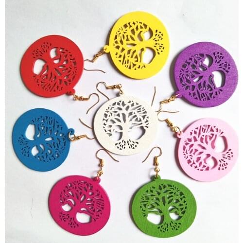 FUYIER 3D Hollow Carving Wood Life Tree Drop Earrings Handmade Earrings Personality Laser Cut eco Wooden Jewelry