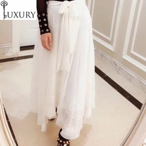 Quality Womens Autumn Top Spring Summer Ladies Polka Dot Print Lace Patchwork Bow Elegant Long Maxi Skirt