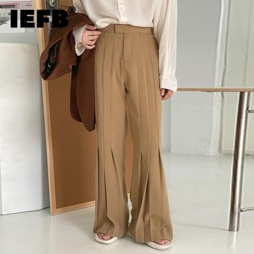 IEFB Korean Trendy Design Pleated Trousers Mens Casual Floor Mops Wide Leg Flare Bottom Suit Pants Black Khaki Clothing 9Y8874