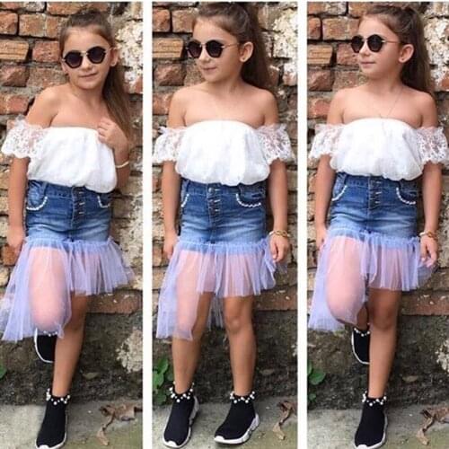 2021 Tops+Denim Skirt 2PCS Boat Neck Bare Shoulders Summer Girl Sets Cotton Mesh Fashion Girls Clothes Patckwork Roupa De Menina