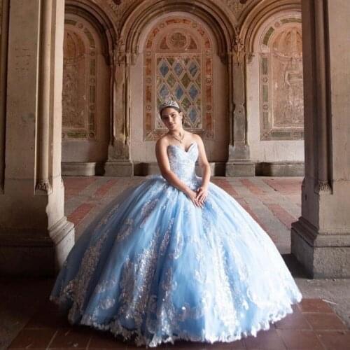 Mexican Sky Blue Quinceanera Dresses with Sequin Applique Ball Gown Prom Dress Sweetheart Formal vestidos de xv años Sweep Train