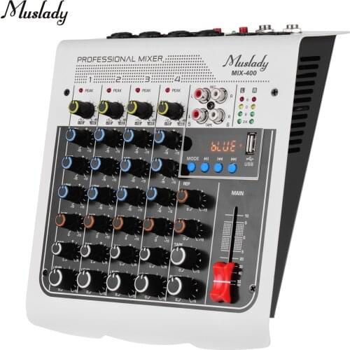 Muslady MIX-400 6-Channel Audio Mixer Mixing Console 3-Band EQ with Reverb Delay Effects +48V Phantom Power Wireless Connect