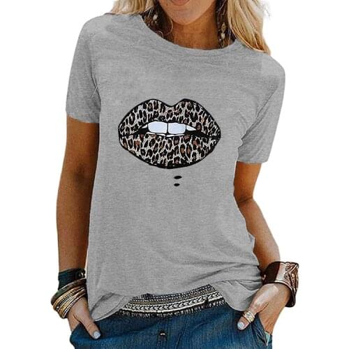 Fashion Woman T-Shirts Round Neck Short Sleeve Tops Tee Shirt Lips Leopard Prints Loose Summer Clothing For Lady mujer camisetas
