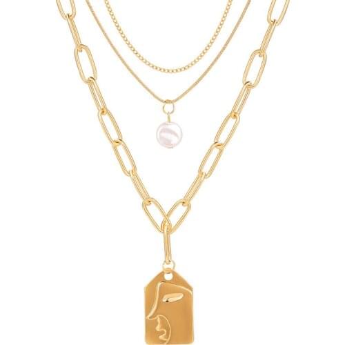 Trendy Simulated Pearl Square Embossed Face Pendant Necklaces for Women Female Multilayer Gold Chain Necklace Party Jewelry
