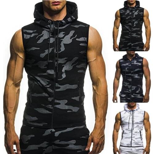 Mens Sleeveless Vest Camouflage Zipper Hooded Tops Fashion Casual Vest Slim Fit Gyms Clothing Mens Bodybuilding Hooded Tank Top