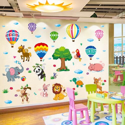 Animals Tree Wall Stickers DIY Cartoon Hot Air Balloons Mural Decals for Kids Room Baby Bedroom Home Decoration Accessories