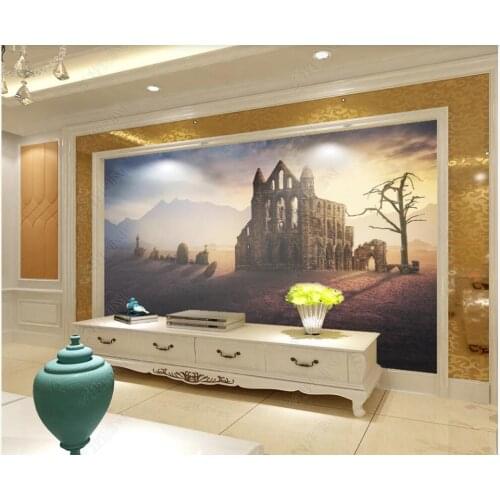 Custom photo mural 3d wallpaper European church ruins with dead trees at sunset home decor living room wallpaper for walls 3 d