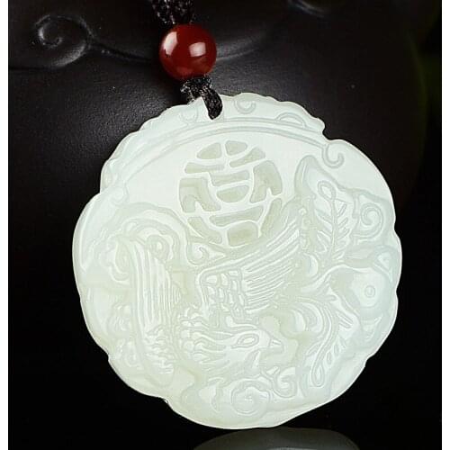 Natural hetian jade handcarved dragon phoenix pendant simple retro pendant temperament jewellery fashion for lovers