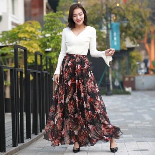 2020 New arrivals Floral Print Pleated Midi Skirt Women Elastic High Waist Chiffon Maxi Skirts Summer Elegant Female Bottom