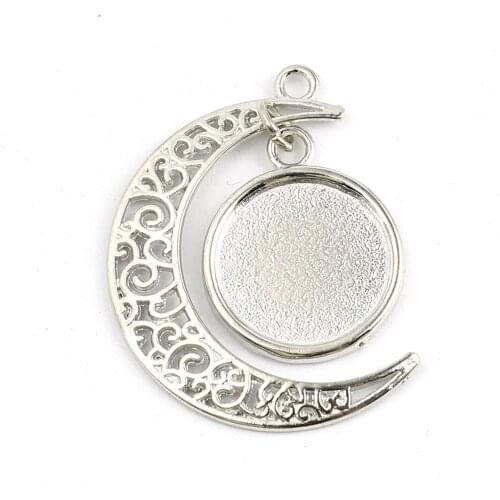 Handmade Cabochon Settings Pendants Half Moon Silver Color Carved Pattern Charms DIY Jewelry (Fits 18mm Dia.) 40mm x 34mm,5PCs