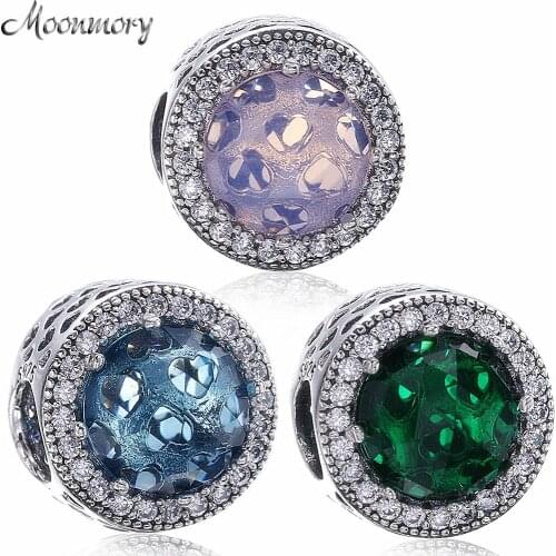 Moonmory Radiant Heart Charm With Crystal & Clear CZ S925 Sterling Silver Accessery Fit Brand Bracelet DIY Round Silver Beads