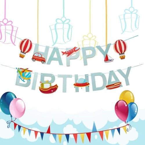 Hot Air Balloon Steamship Helicopter Spacecraft Happy Birthday Paper Banner Bunting Garland for Kids Birthday Party Decorations