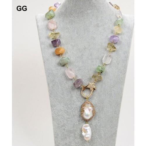 GuaiGuai Jewelry 24'' Natural Multi-Color Gemstone Crystal Necklace Mabe Pendant