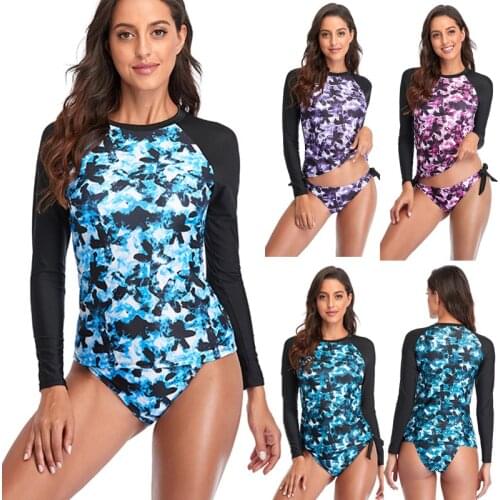 Two Piece Rashguard Women Long Sleeve Swimwear Floral Print Surf Wear Plus Size Tankini Swimsuit Shorts Diving Shirt Rash Guards