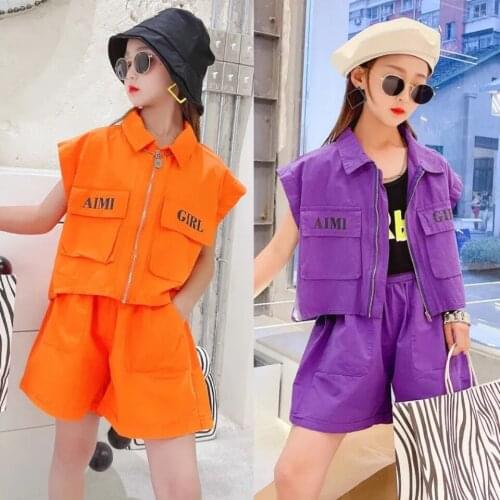 3 Colors Summer Baby Girls Sleeveless T-shirt+Shorts Suit Casual Sport Tracksuits For 6 7 8 10 12 Years Kids Clothing For Girls