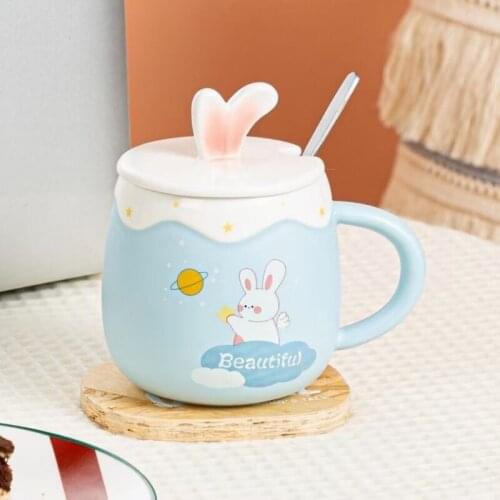 430ML Cute Rabbit Coffee Mug Girl Cartoon Breakfast Milk Cup With Lid Spoon Couple Coffee Cup Ladies Office Flower Tea mugs
