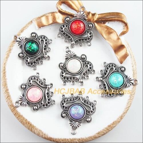 6Pcs Tibetan Silver Tone Retro Heart Mixed Round Resin Charms Connectors 26x31mm