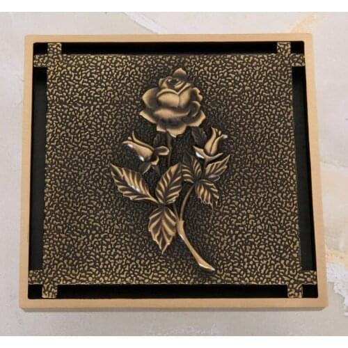 Antique Brass Carved Flower Pattern Bathroom Shower Drain 4" Square Floor Drain Waste Grates ahr044