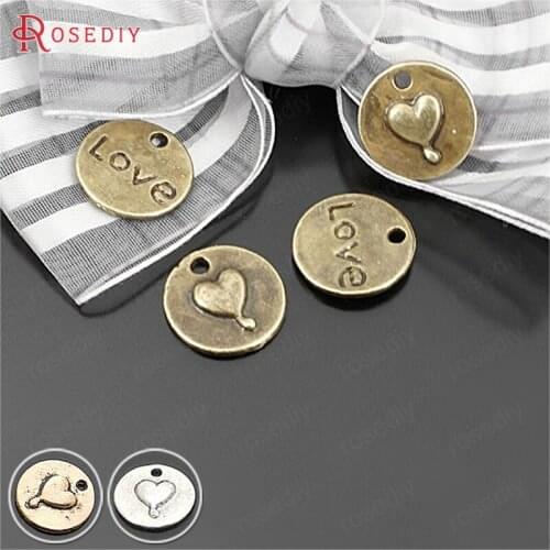 C185)50 pieces 15mm Antique Bronze Zinc Alloy with Love Hearts Round Charms Pendants Diy Jewelry Findings Accessories Wholesale