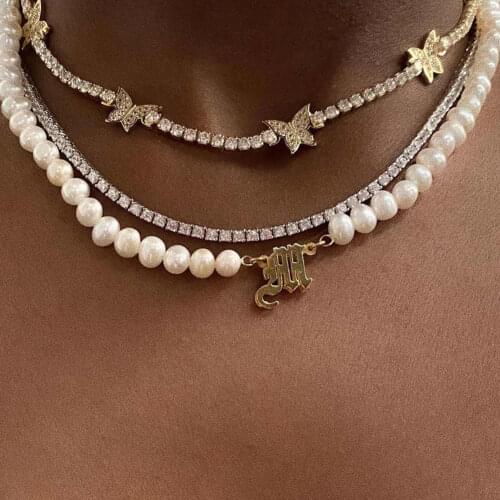 Fashion Gold Silver Color Butterfly Crystal Chain Choker Necklace Women Multilayer Pearls Letter Pendant Necklace Luxury Jewelry