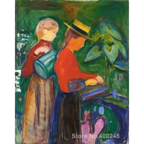 Art gallery girls watering flowers by Edvard Munch oil on canvas Handmade High quality