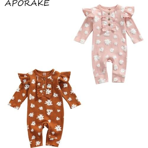 2021 0-18M Cute Baby Girl Romper Spring Autumn Floral Print Ruffle Long Sleeve Round Neck Knitted Jumpsuit Outfit