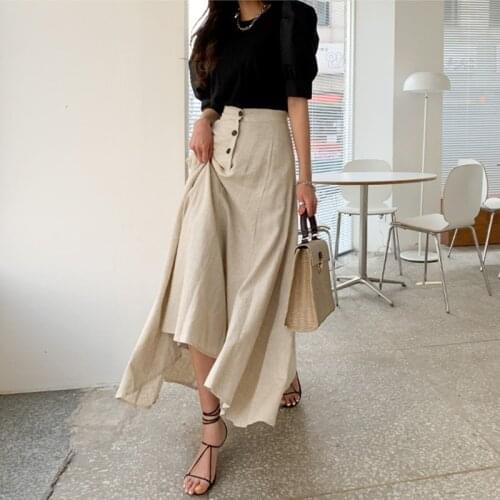 Summer Midi Skirt Female Casual High-Waisted Skirt Ladies Solid Patchwork Button Summer Womens Clothing Skirts Womens 2021