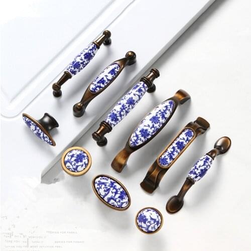 1pcs Fashion creative blue ceramic furniture handles bronze drawer cabinet Knobs And pulls antique brass white blue porcelain