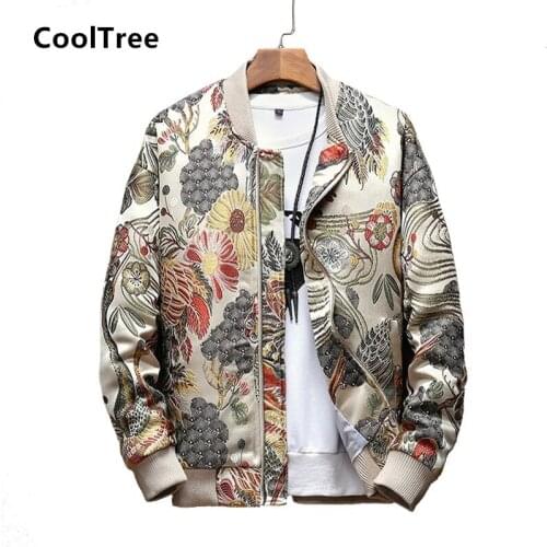 CoolTree Men Casual Jacket Spring Autumn Embroidery Stand collar Baseball jacket Male Slim Fit Zipper Outerwear Plus Size M-5XL