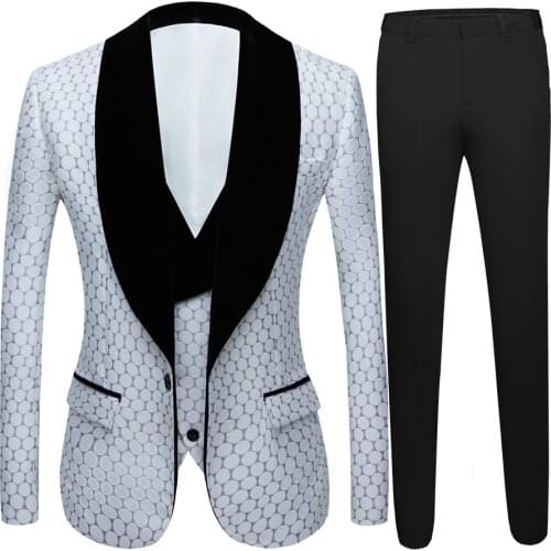 New 3 Pieces Mens Wedding Suit Three Pieces Dots Printed Slim Fit Notch Lapel Tuxedos Tailcoat Best Men Double Breasted Vest
