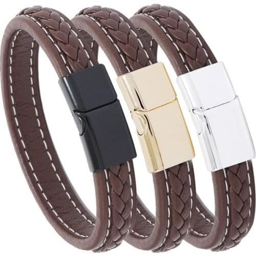 New Fashion Casual Men Bangle Alloy PU Leather Bracelet Male Simplicity Vintage Magnetic Clasp Braid Bracelet Jewelry Gift
