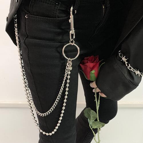 Punk Metal Ball Circles Women Pants Chain Rock Streetwear Two Chains Buckle Keychain Accessory