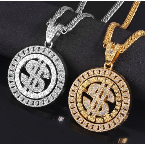 Hip Hop Rotatable US Dollar Pendant Necklace Men Gold Sliver Color Ice Out Crystal Sign Rock Pendant Bling Rapper Bling Jewerly