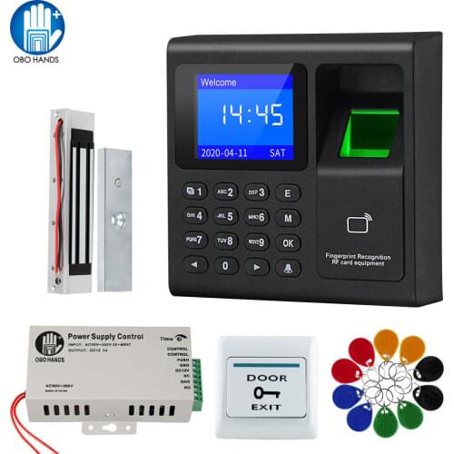 RFID Door Access Control System Fingerprint Attendance Time Machine Power Supply with Magnetic Lock Exit Button Keyfobs for Gate