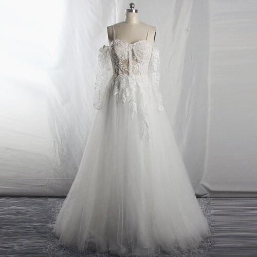 RSW1673 Removable Off Shoulder Long Sleeves Lace Wedding Dress Boho