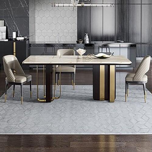 Modern stainless steel marble rectangular dining table and chair combination villa large living room Italian luxury dining