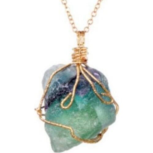 Light Yellow Gold Color Wire Wrap Irregular Shape Fluorite Stone Pendant Link Chain Necklace Rose Pink Quartz Jewelry
