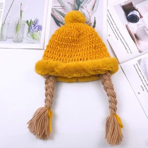 Warm Soft Plush Ball Pompom Kids Handmade Knitted Cap with Braids Children Autumn Winter Fashion Wigs Hat Plaits Bonnet