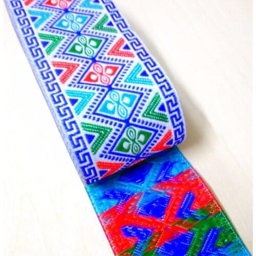 50mm 5cm 2' Green Orange Sky Blue Great Wal White Grounding Rhombus Webbing Curtain Trim National Woven Jacquard Ribbon Laciness