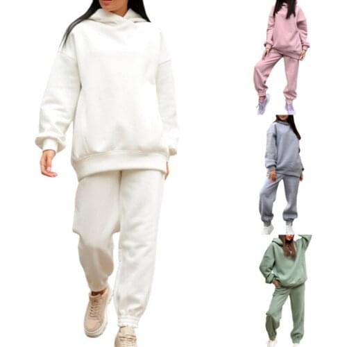 2 Pcs Women Casual Outfits, Adults Plush Solid Color Long Sleeve Hoodies with Pocket + Pants with Drawstring Autumn Winter