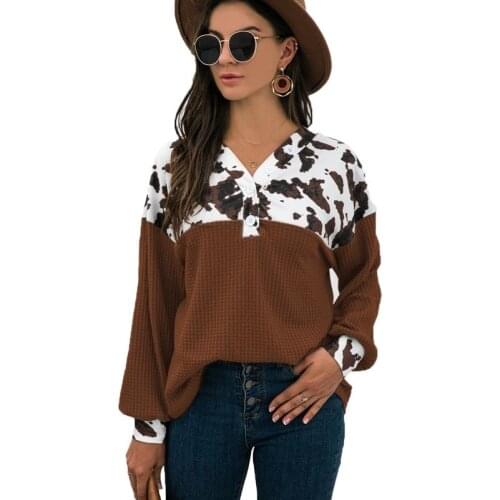 Leopard Spliced Knitted Women Pullover Sweater 2021 Autumn Winter Casual V-Neck Button Long Sleeve Loose Jumper