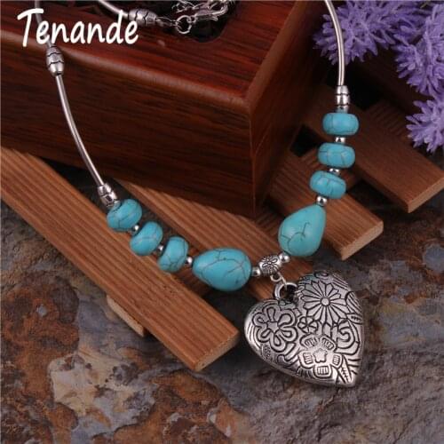 Tenande Bohemian Multiple Natural Stone Beads Statement Necklaces for Women Carved Flowers Big Heart Pendant Necklaces Jewelry
