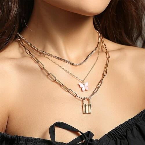Fashion Simple Lock Butterfly Pendant Multilayer Necklace for Women Rhinestone Charm Clavicle Chain Geometry Necklaces Jewelry