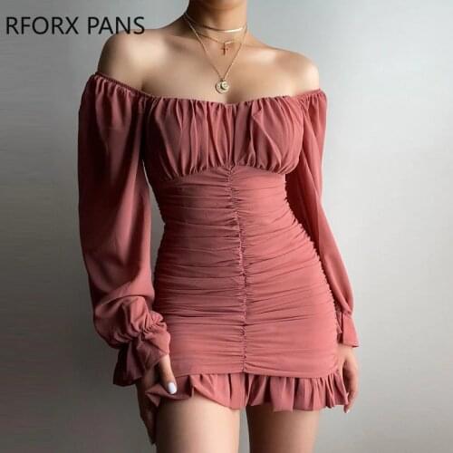 Women Dress Off Shoulder Ruched Bell Sleeve Ruffles Mini Bodycon Dress Sexy Party Dress